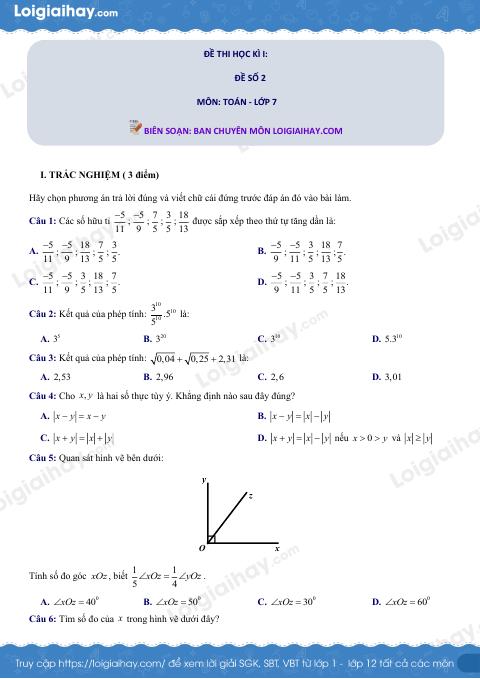 Đề thi học kì 1 Toán 7 - Đề số 2 - Kết nối tri thức